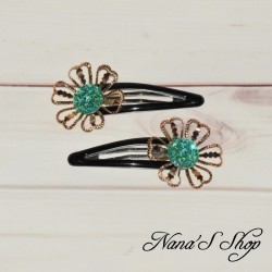 Lot de 2 Barrettes clic-clac fleur et strass, or et turquoise.