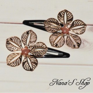 Barrettes clic-clac fleur filigrane doré et cabochon nacré,