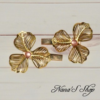 Lot de 2 Pinces croco, fleur filigrane or, 3 pétales, cabochon orange.