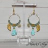 Boucles d'oreilles dorée de style Bohème, Pompons Tassel et perles, coloris vert menthe.