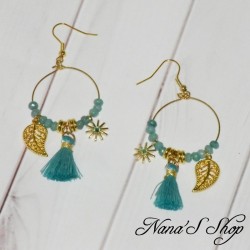 Boucles d'oreilles dorée de style Bohème, Pompons Tassel et perles, coloris vert menthe.
