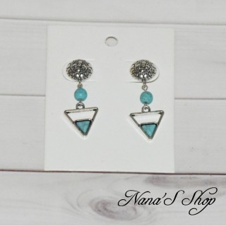Boucles d'oreilles pointe de flèche, Amérindienne, argenté et turquoise.