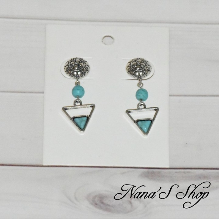 Boucles d'oreilles pointe de flèche, Amérindienne, argenté et turquoise.