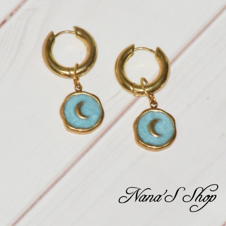 Petites créoles, bohème chic, pendentif lune, doré, émaillé turquoise.