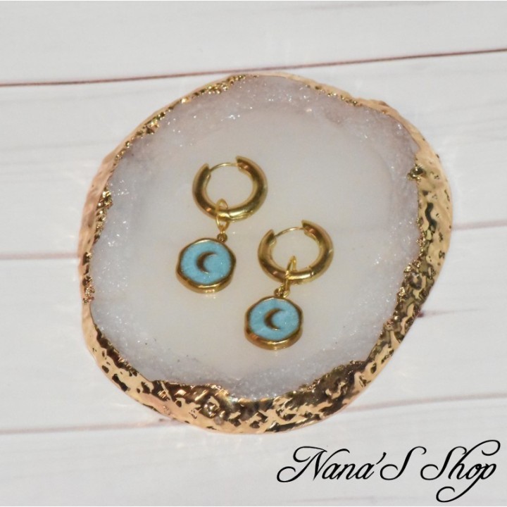 Petites créoles, bohème chic, pendentif lune, doré, émaillé turquoise.
