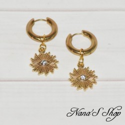 Petites créoles dorée, bohème chic, pendentif soleil et œil