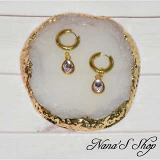 Créoles, goutte, larme de cristal, coloris rose pâle.