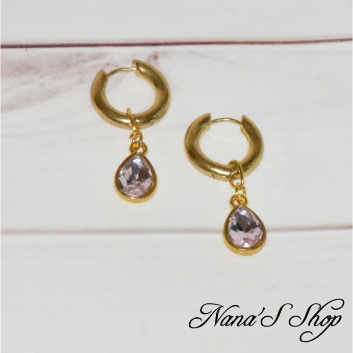 Créoles, goutte, larme de cristal, coloris rose pâle.