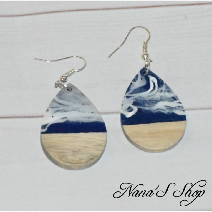 Boucles d'oreilles fantaisie imitation résine et bois, bleu foncé, modèle 1, gouttes