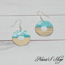 Boucles d'oreilles fantaisie, imitation résine et bois, bleu clair, modèle 2.