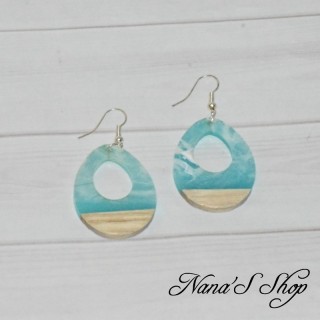 Boucles d'oreilles fantaisie, imitation résine et bois, bleu clair, modèle 1.