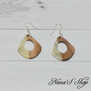Boucles d'oreilles fantaisie imitation résine à paillettes et bois, modèle 1.