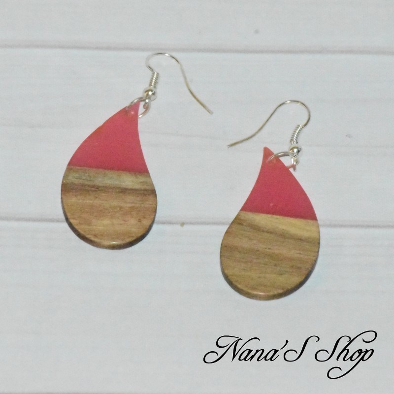 Boucles d'oreilles, imitation résine et bois, couleur uni, forme goutte, coloris rose, Boucles d'oreilles, imitation résine et bois, couleur uni, forme goutte, coloris rose,