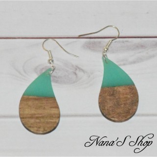 Boucles d'oreilles, imitation résine et bois, couleur uni, forme goutte, coloris turquoise,