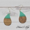 Boucles d'oreilles, imitation résine et bois, couleur uni, forme goutte, coloris turquoise,