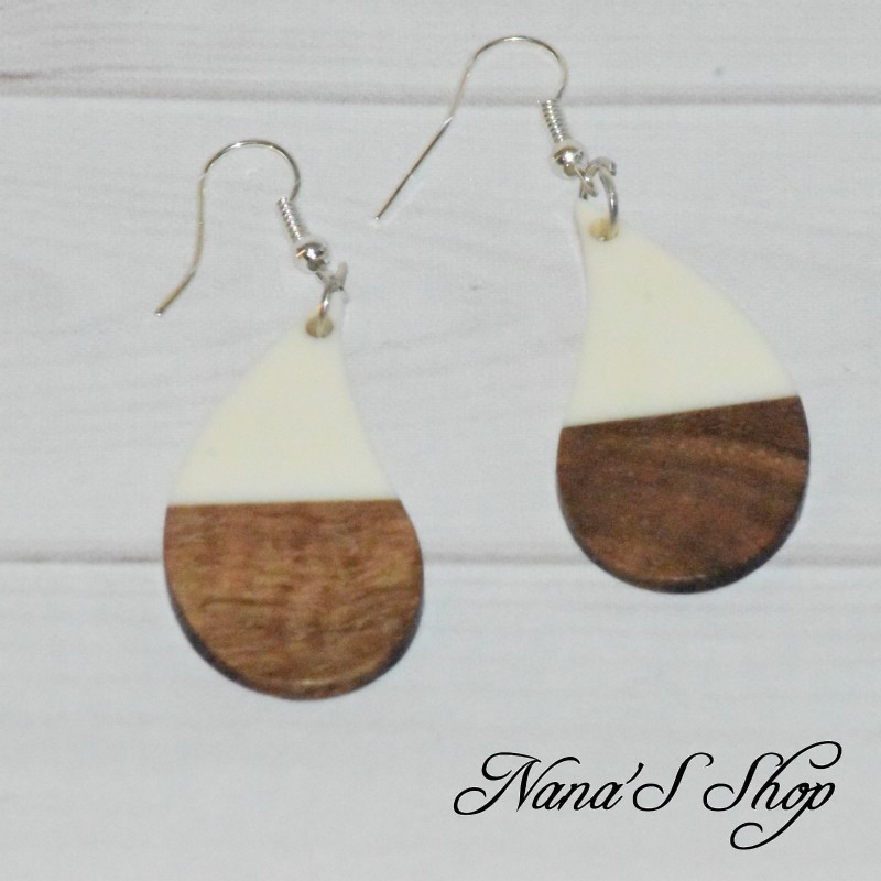 Boucles d'oreilles, imitation résine et bois, couleur uni, forme goutte, coloris blanc, Boucles d'oreilles, imitation résine et bois, couleur uni, forme goutte, coloris blanc,