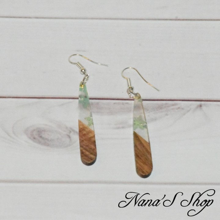 Boucles d'oreilles fantaisie imitation résine et bois, Larme fine, transparent.