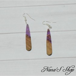 Boucles d'oreilles fantaisie imitation résine et bois, Larme fine, violet.