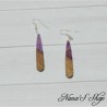Boucles d'oreilles fantaisie imitation résine et bois, Larme fine, violet.