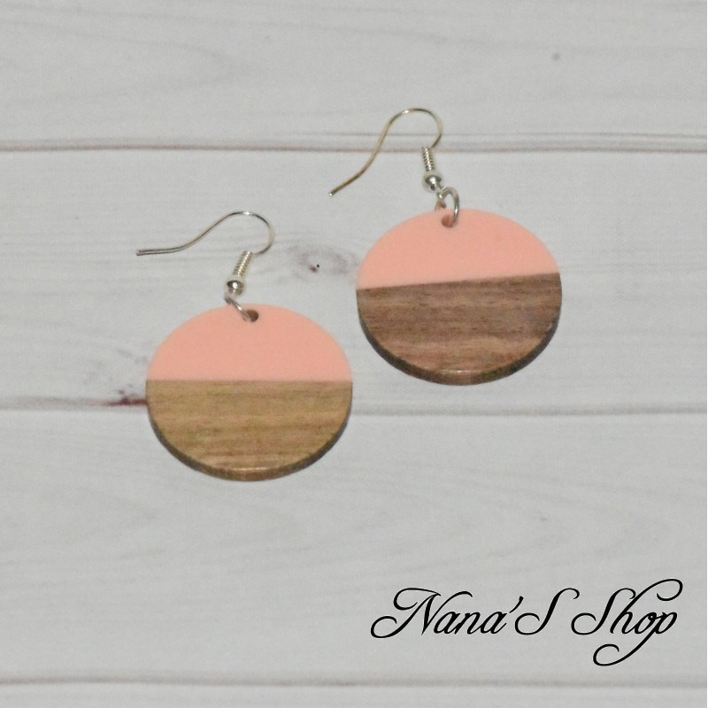 Boucles d'oreilles, imitation résine et bois, couleur uni, forme ronde, coloris rose pâle, Boucles d'oreilles, imitation résine et bois, couleur uni, forme ronde, coloris rose pâle,