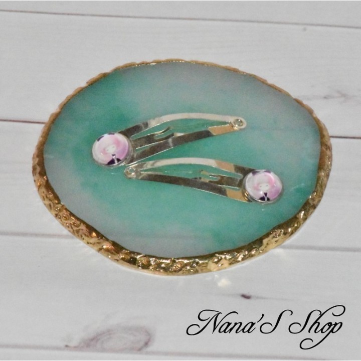 Barrette Clic-clac, ornées de cabochons motif petite fille, rose,