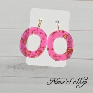 Boucles d'oreilles, en résine coloris rose et paillettes dorées,