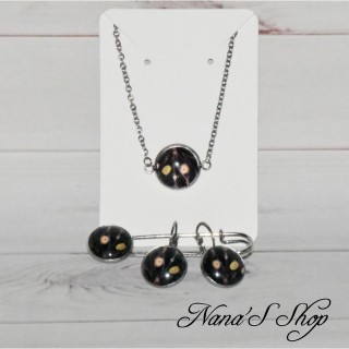 Bracelet, boucles d' oreilles et épingle cabochons, plume de paon