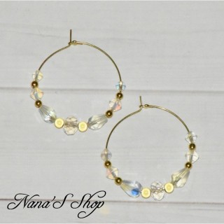 Créoles fantaisie en perles de verre à facettes, transparente et doré,