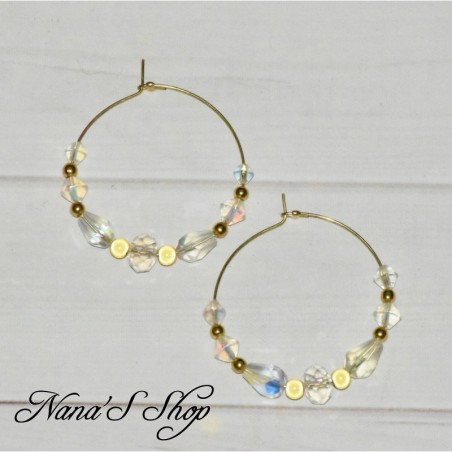Créoles fantaisie en perles de verre à facettes, transparente et doré,