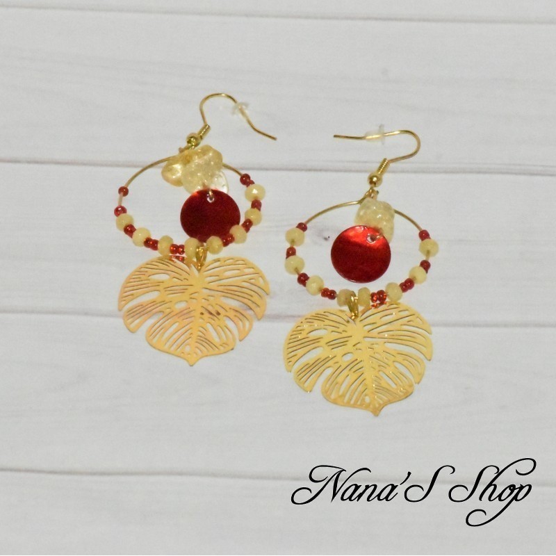 Boucles d' oreilles rondes, pendentif feuille de Monstera, coloris rouge, Boucles d' oreilles rondes, pendentif feuille de Monstera, coloris rouge,