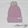 Bonnet handmade à  revers et Pompon, uni mauve, en acrylique et laine
