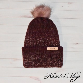 Bonnet revers et Pompon, Modèle Lucy, coloris bordeaux et mauve, en acrylique et laine