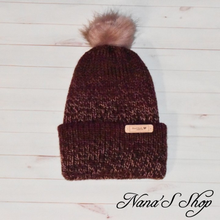 Bonnet revers et Pompon, Modèle Lucy, coloris bordeaux et mauve, en acrylique et laine