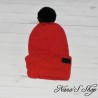Bonnet mixte, à revers et Pompon, coloris rouge et noir,