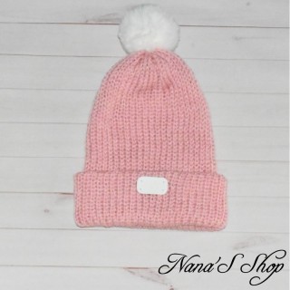 Bonnet fille, tricoté mains, à revers et doublé, de couleur rose pâle uni, pompon et détail blanc