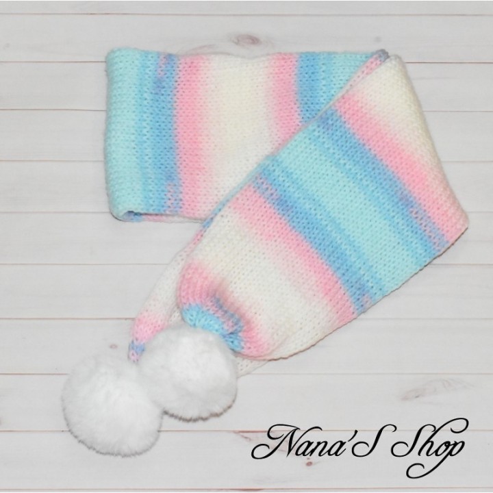 Echarpe fille, à Pompons Blanc, modèle Magic, coloris Bleu et Rose.