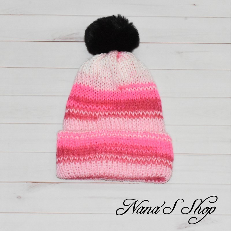 Bonnet colorée, fille, à revers et Pompon, modèle Magic, coloris Rouge, Rose et Blanc mélangés. Bonnet colorée, fille, à revers et Pompon, modèle Magic, coloris Rouge, Rose et Blanc mélangés.