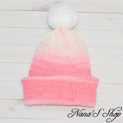 Bonnet colorée, fille, à revers et Pompon, modèle Magic, coloris Rose et Blanc mélangés.