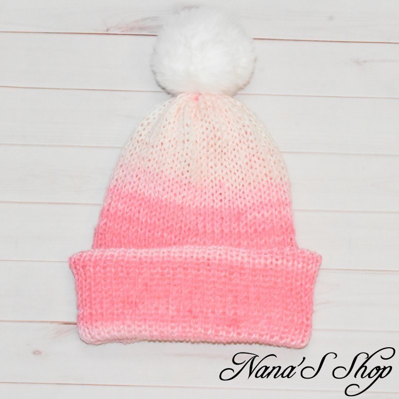 Bonnet colorée, fille, à revers et Pompon, modèle Magic, coloris Rose et Blanc mélangés. Bonnet colorée, fille, à revers et Pompon, modèle Magic, coloris Rose et Blanc mélangés.