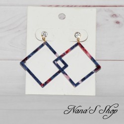 Boucles d'oreilles carré, en résine effet métal nacré, coloré et tacheté, coloris Bleu.