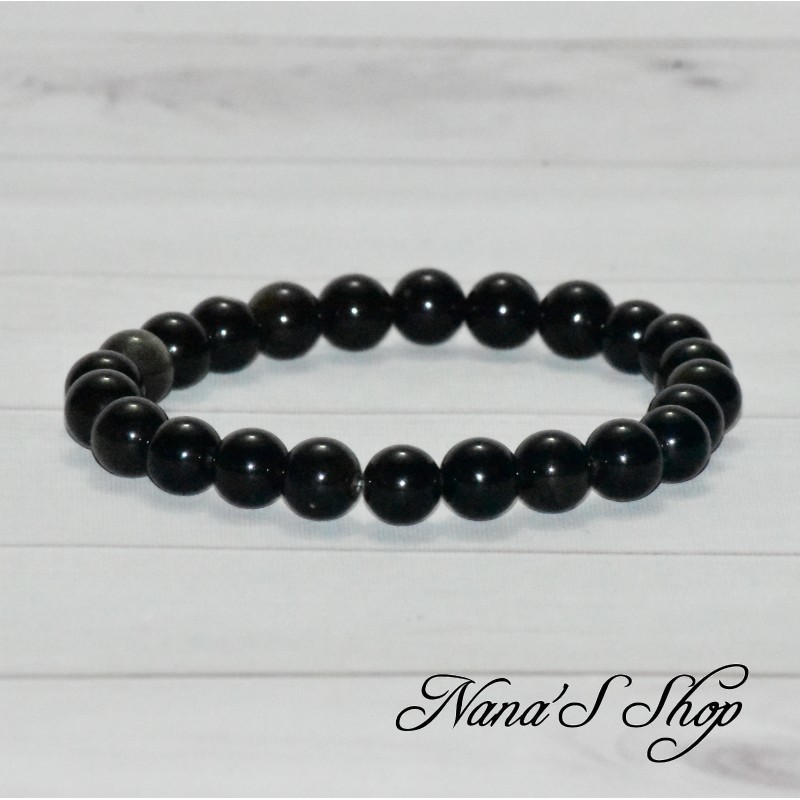 Bracelet élastique en perles 8mm naturelle, Obsidienne de couleur noire avec des reflets dorés.