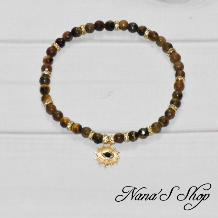 Bracelet fantaisie style bohème chic, en pierre d'Œil de Tigre et strass, pendentif œil, en métal doré.