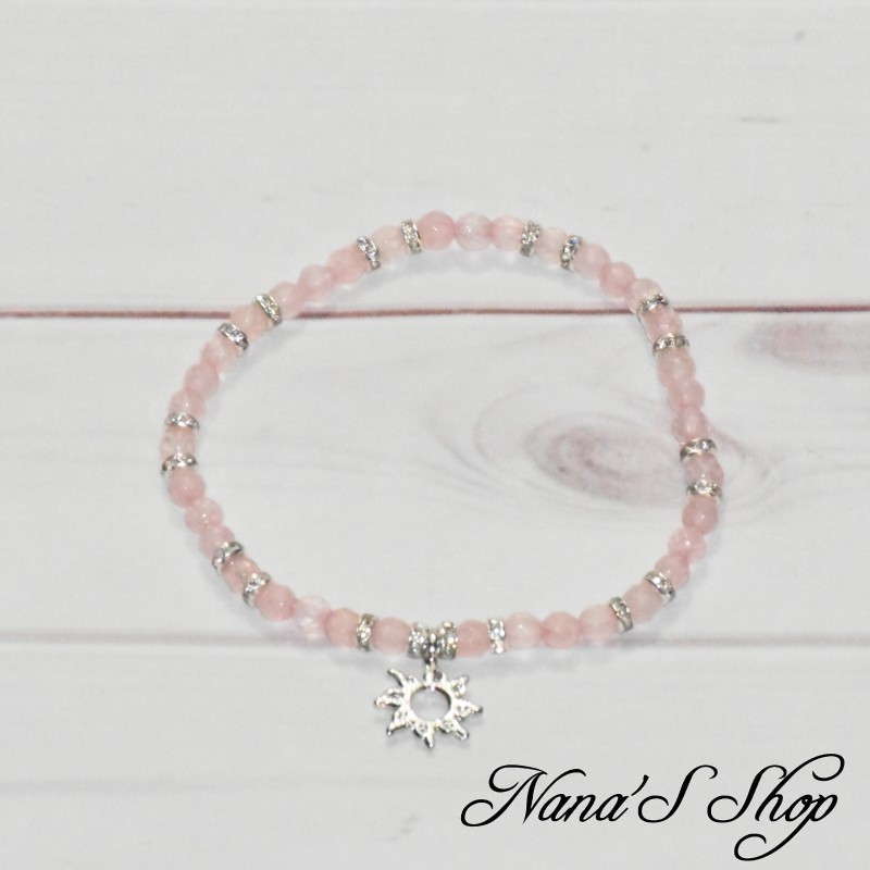 Bracelet élastique, perles à facettes en Quartz rose et strass, pendentif soleil, Bracelet élastique, perles à facettes en Quartz rose et strass, pendentif soleil,