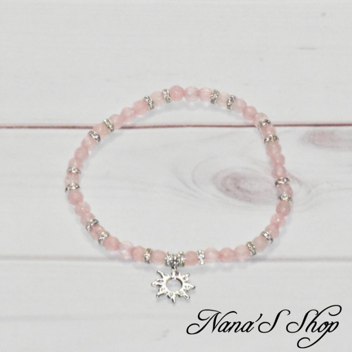 Bracelet élastique, perles à facettes en Quartz rose et strass, pendentif soleil,