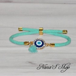 Bracelet coulissant, 3ème œil et pompon Tassel, coloris menthe.