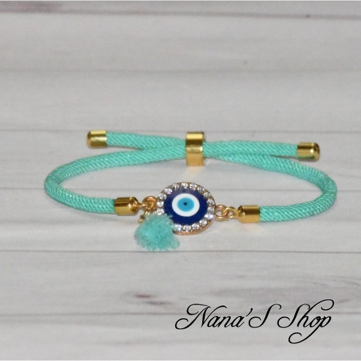Bracelet coulissant, 3ème œil et pompon Tassel, coloris menthe.