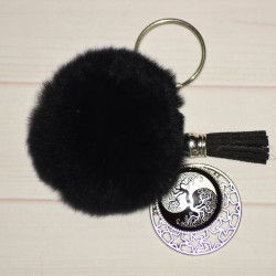 Porte-clé pendentif, Pompon et arbre de vie, coloris noir.