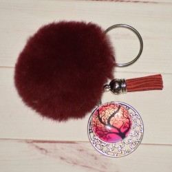 Porte-clé pendentif, Pompon et arbre de vie, coloris bordeaux.