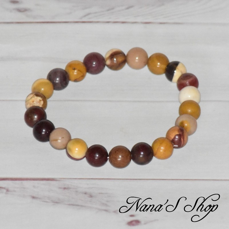 Bracelet en perle de Jaspe Mokaïte, coloris jaune, marron et rouge, fait main.