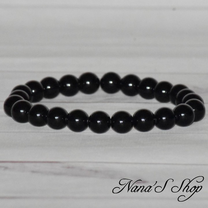 Bracelet perle ronde en Obsidienne noire, fait main.